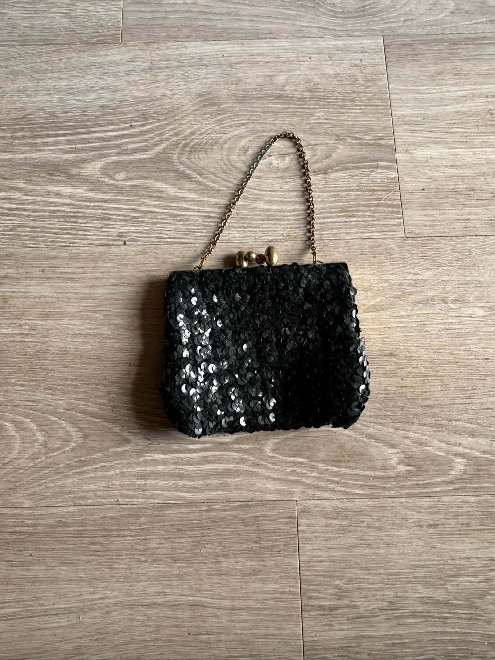 Black Sequin Evening Clutch with Chain Handle